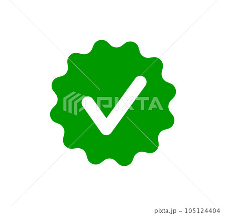 Check tick mark on wavy edge green circle sticker. Star burst shape tag with approved icon. Premium official account. Verify icon stamp. Vector illustration isolated on white background Check tick mark on wavy edge green circle sticker. Star burst shape tag with approved icon. Premium official account. Verify icon stamp. Vector illustration isolated on white background 105124404