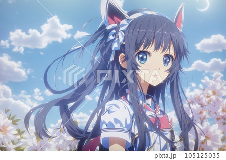 可愛い女の子とコスモスの花の背景 105125035