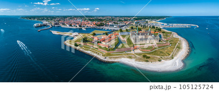 Aerial view of Kronborg castle with ramparts, ravelin guarding the entrance to the Baltic Sea and the Oresund in Helsingor Denmark 105125724