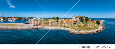 Aerial view of Kronborg castle with ramparts, ravelin guarding the entrance to the Baltic Sea and the Oresund in Helsingor Denmark Aerial view of Kronborg castle with ramparts, ravelin guarding the entrance to the Baltic Sea and the Oresund in Helsingor Denmark 105125731