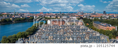 Aerial view of the rooftops of Kartoffelraekkerne neighborhood, in Oesterbro, Copenhagen, Denmark. The neighbourhood built in the late 1800s for working class families 105125744