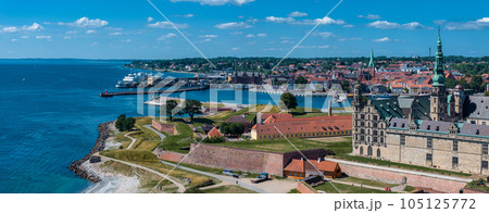 Aerial view of Kronborg castle with ramparts, ravelin guarding the entrance to the Baltic Sea and the Oresund in Helsingor Denmark Aerial view of Kronborg castle with ramparts, ravelin guarding the entrance to the Baltic Sea and the Oresund in Helsingor Denmark 105125772