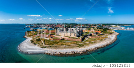 Aerial view of Kronborg castle with ramparts, ravelin guarding the entrance to the Baltic Sea and the Oresund in Helsingor Denmark Aerial view of Kronborg castle with ramparts, ravelin guarding the entrance to the Baltic Sea and the Oresund in Helsingor Denmark 105125813