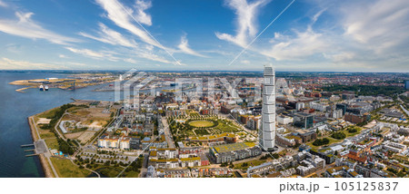 Beautiful aerial view of the Vastra Hamnen- The Western Harbour -district in Malmo, Sweden. Panoramic aerialview. 105125837