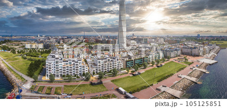 Beautiful aerial panoramic view of the Malmo city in Sweden. Turning Torso skyscraper in Malmo, Sweden. 105125851