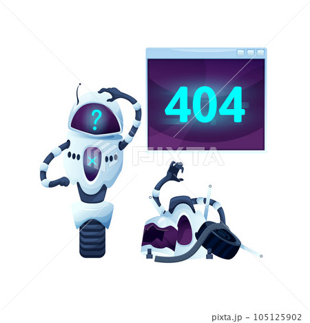 404 Page with cartoon screen and robot looks puzzled, as if unsure how to help the user navigate to the correct page. Online bot crash accident. Robotic assistance failure, website on technical work 105125902