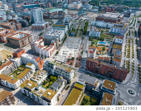 Beautiful aerial view of the Vastra Hamnen- The Western Harbour -district in Malmo, Sweden. Panoramic aerialview. 105125903