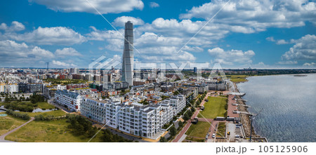 Beautiful aerial panoramic view of the Malmo city in Sweden. Turning Torso skyscraper in Malmo, Sweden. Beautiful aerial panoramic view of the Malmo city in Sweden. Turning Torso skyscraper in Malmo, Sweden. 105125906