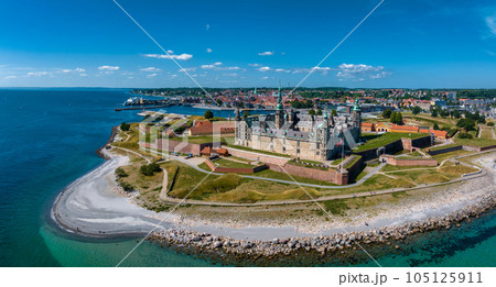 Aerial view of Kronborg castle with ramparts, ravelin guarding the entrance to the Baltic Sea and the Oresund in Helsingor Denmark Aerial view of Kronborg castle with ramparts, ravelin guarding the entrance to the Baltic Sea and the Oresund in Helsingor Denmark 105125911