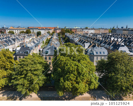 Aerial view of the rooftops of Kartoffelraekkerne neighborhood, in Oesterbro, Copenhagen, Denmark. The neighbourhood built in the late 1800s for working class families 105125924