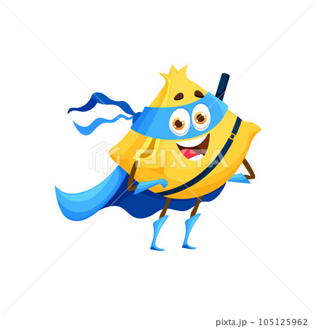 Cartoon fagottini pasta superhero character. Isolated vector courageous and determined italian cuisine meal personage, equipped with defender mask and cape. Cute macaroni food ready to save the world 105125962