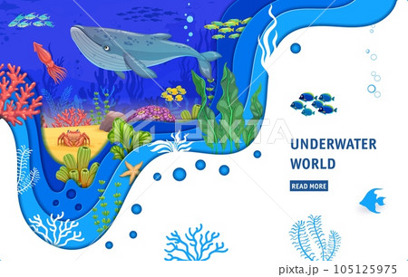 Landing page, cartoon whale, fish shoal and sea paper cut landscape. Vector web banner with underwater world animals, squid, crab, tropical seaweeds and coral reefs. Ocean biodiversity 3d papercut art 105125975