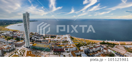 Beautiful aerial panoramic view of the Malmo city in Sweden. Turning Torso skyscraper in Malmo, Sweden. 105125981
