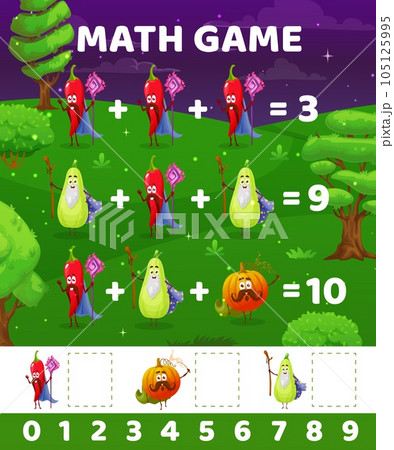 Chili, pumpkin, zucchini wizard characters math game worksheet. Vector arithmetic and mathematics riddle for children with funny vegetable sorcerers. Education and learning equations fun puzzle task Chili, pumpkin, zucchini wizard characters math game worksheet. Vector arithmetic and mathematics riddle for children with funny vegetable sorcerers. Education and learning equations fun puzzle task 105125995