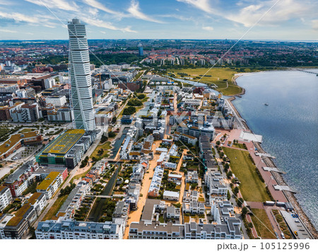 Beautiful aerial panoramic view of the Malmo city in Sweden. Turning Torso skyscraper in Malmo, Sweden. 105125996