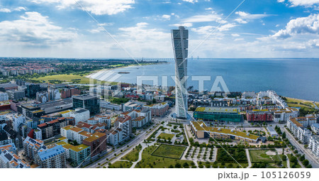 Beautiful aerial panoramic view of the Malmo city in Sweden. Turning Torso skyscraper in Malmo, Sweden. 105126059