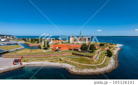 Aerial view of Kronborg castle with ramparts, ravelin guarding the entrance to the Baltic Sea and the Oresund in Helsingor Denmark 105126101