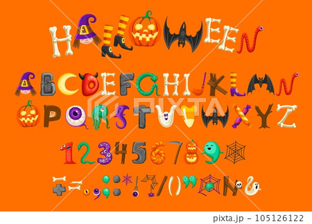 Cartoon Halloween font type or typeface alphabet, vector horror scary and spooky monsters as letters. Halloween text font or alphabet of creepy ghost, happy evil and ABC words of bones and pumpkins Cartoon Halloween font type or typeface alphabet, vector horror scary and spooky monsters as letters. Halloween text font or alphabet of creepy ghost, happy evil and ABC words of bones and pumpkins 105126122