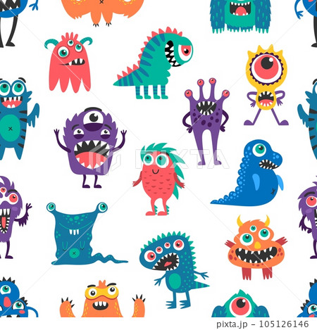 Cartoon monster characters seamless pattern, vector background with funny creatures. Cheerful bizarre alien animals and happy monsters, trolls and yeti bigfoot and cyclops with gremlin in pattern 105126146