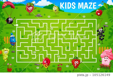 Labyrinth maze. Cartoon cheerful berry characters on summer meadow. Kids quiz, find way labyrinth puzzle vector worksheet with grape, cowberry and rosehip, currant, elderberry, cherry cute personages Labyrinth maze. Cartoon cheerful berry characters on summer meadow. Kids quiz, find way labyrinth puzzle vector worksheet with grape, cowberry and rosehip, currant, elderberry, cherry cute personages 105126149