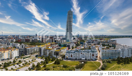 Beautiful aerial view of the Vastra Hamnen- The Western Harbour -district in Malmo, Sweden. Panoramic aerialview. 105126169