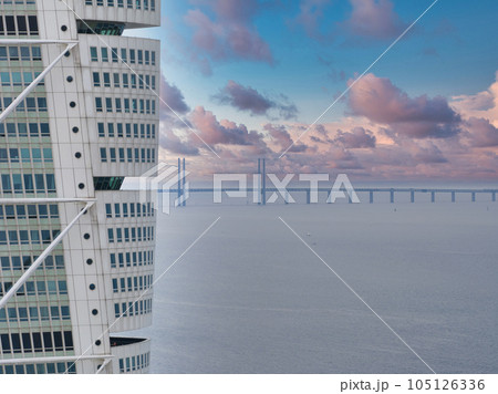 Beautiful aerial panoramic view of the Malmo city in Sweden. Turning Torso skyscraper in Malmo, Sweden. 105126336