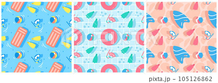 Set of Swimming Pool Seamless Pattern Vector Illustration with Summer Vacation Element in Flat Cartoon Template Hand Drawn 105126862