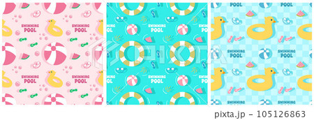 Set of Swimming Pool Seamless Pattern Vector Illustration with Summer Vacation Element in Flat Cartoon Template Hand Drawn 105126863