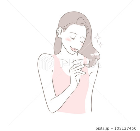 ツヤのある髪の毛・毛先を見て嬉しそうな笑顔の女性（着衣あり） 105127450