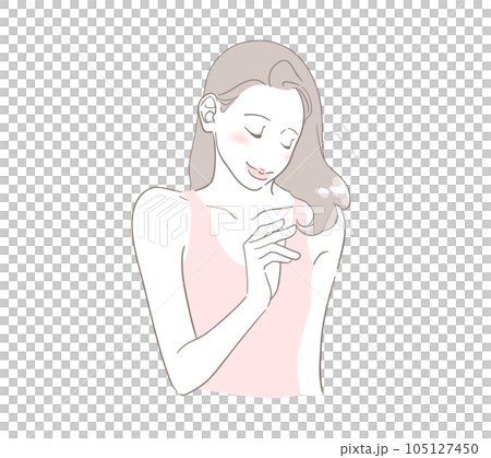 ツヤのある髪の毛・毛先を見て嬉しそうな笑顔の女性（着衣あり） 105127450