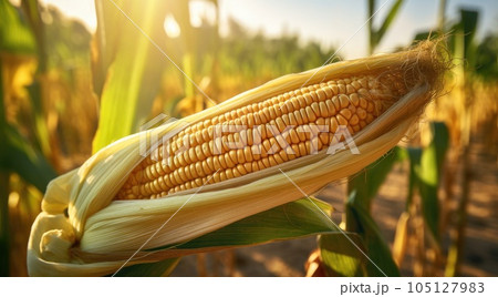 Corn cobs in agriculture field. Generative AI Corn cobs in agriculture field. Generative AI 105127983