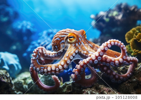 Octopus and coral reef in the sea. Generative AI 105128008