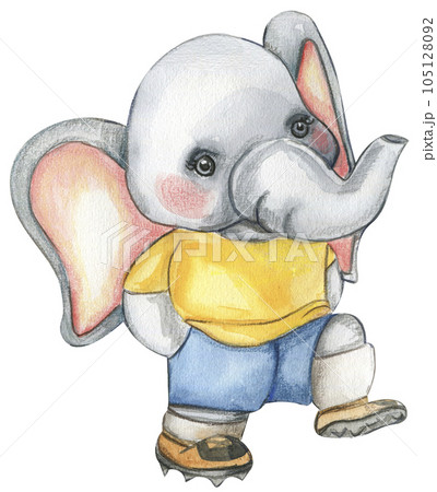 Elephant football player watercolor illustration. Design for baby shower party, birthday, cake, holiday celebration design , post cards. Elephant football player watercolor illustration. Design for baby shower party, birthday, cake, holiday celebration design , post cards. 105128092