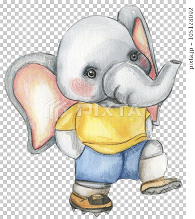Elephant football player watercolor illustration. Design for baby shower party, birthday, cake, holiday celebration design , post cards. Elephant football player watercolor illustration. Design for baby shower party, birthday, cake, holiday celebration design , post cards. 105128092