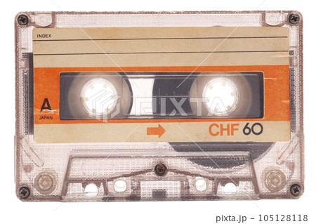 Close up of retro audio cassette tape,side A, isolated on white background, vintage 80's music concept. 105128118