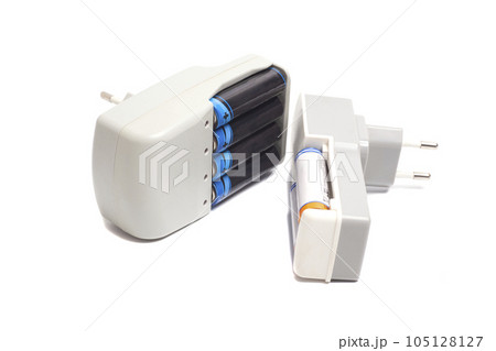 Rechargeable batteries in Battery Chargers isolated on white background. 105128127