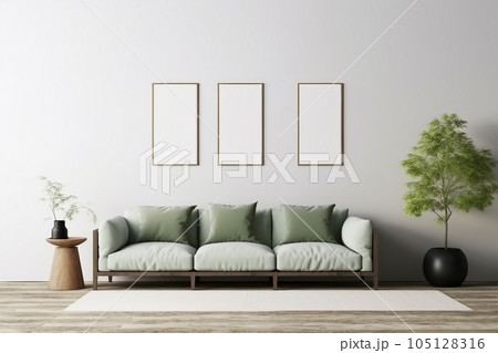 contemporary interior design for 3 poster frames in living room mock up with green couch, wooden pot and floor lamp contemporary interior design for 3 poster frames in living room mock up with green couch, wooden pot and floor lamp 105128316