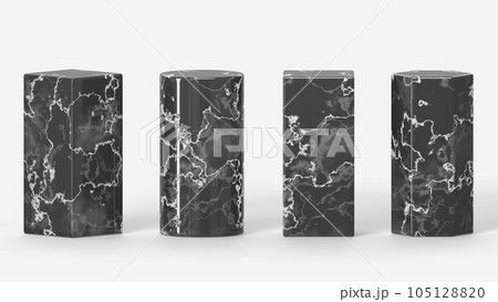 Black marble stone pedestals or podiums 3d render icons set. Abstract geometric shapes, cylinders, rectangular cubes and hexagons, rock pillars, platforms for display cosmetic product. 3D illustration Black marble stone pedestals or podiums 3d render icons set. Abstract geometric shapes, cylinders, rectangular cubes and hexagons, rock pillars, platforms for display cosmetic product. 3D illustration 105128820