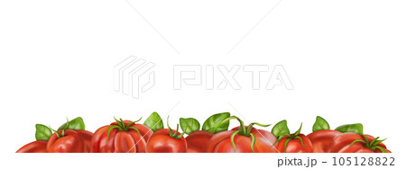 A border of red ripe tomatoes of different varieties with leaf basil. Digital illustration on a white background. For packaging design, postcards, prints, textiles 105128822
