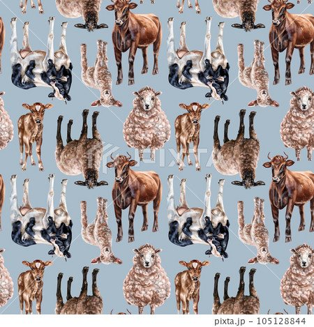 Seamless hand-drawn drawing with farm animals: cows and sheep. Background for textiles, fabrics, banners, wrapping paper and other designs Seamless hand-drawn drawing with farm animals: cows and sheep. Background for textiles, fabrics, banners, wrapping paper and other designs 105128844