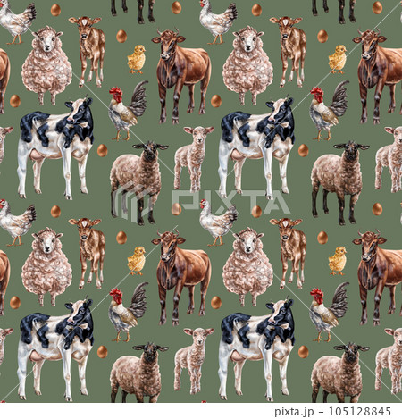 Seamless hand-drawn drawing with farm animals: cows, chickens and sheep. Background for textiles, fabrics, banners, wrapping paper and other designs Seamless hand-drawn drawing with farm animals: cows, chickens and sheep. Background for textiles, fabrics, banners, wrapping paper and other designs 105128845