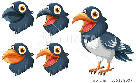 A set of cartoon ravens isolated on a white background, illustrated in a vector style 105128907