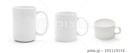 Set of white mugs different size isolated on a white 105129158