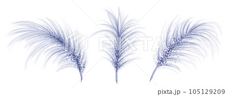 A set of elegant fluffy blue feathers with decorative crystals. An element for theatrical costumes, carnival outfits, hats, bouquets of flowers and souvenirs. Digital illustration on white background 105129209