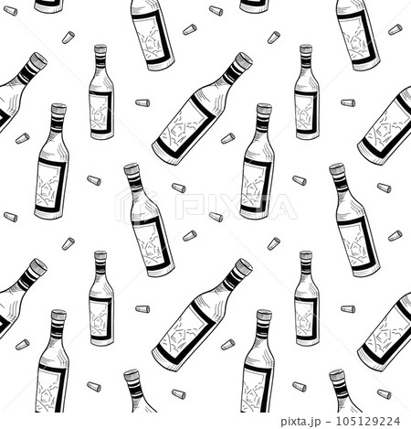 Wine pattern. Hand drawn sketch doodle black wine bottles and corks on white background. Seamless vector background 105129224