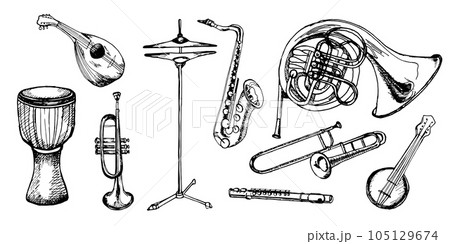 Set of french horn brass, trumpet, saxophone musical instruments vector illustration isolated. Double horn, mandoline, djembe, clarinet silhouette ink hand drawn. Black white element for design 105129674