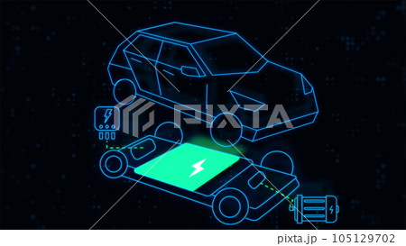 Electric car battery indicator showing an increasing battery charge. The battery indicator shows it fills up to 100. Electric Car Battery Gauge. 105129702
