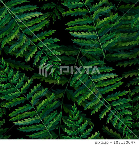 Seamless pattern fern watercolor hand painted illustration in green colors, greenery branch, twig, stem, forest plant isolated on black background for wall art. Clip art for design 105130047