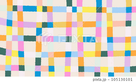Hand drawn colorful crossed lines grid vector background. Abstract geometric backdrop in childish doodle style. Retro rainbow plaid design. Festive playful multi colored striped banner template 105130101