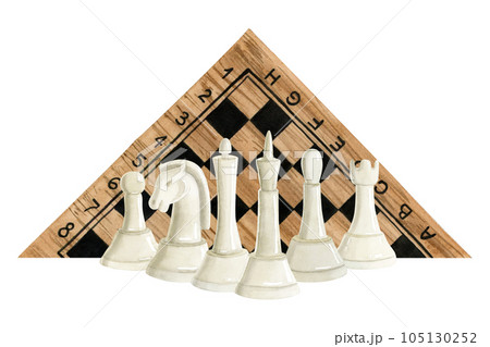 White chess pieces illustration set on wooden board background. Hand drawn realistic watercolor clipart of king, queen, knight, rook, bishop, pawn for hobby sport designs 105130252